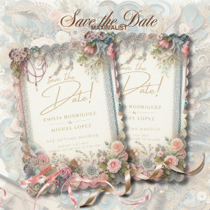 Maximalistisk Save The Date Vintage Blommig Scrapb Inbjudningar