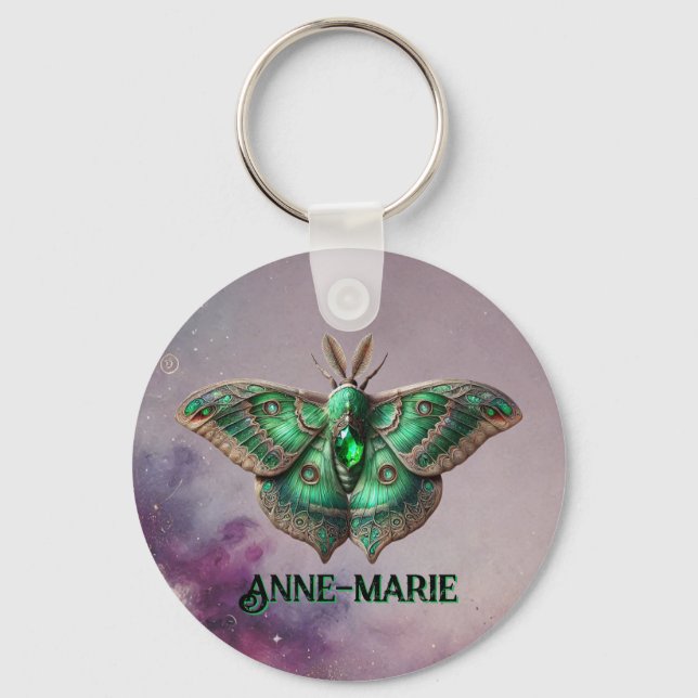 May Birthstone Keychain - Emerald Moth Design Nyckelring (Framsida)