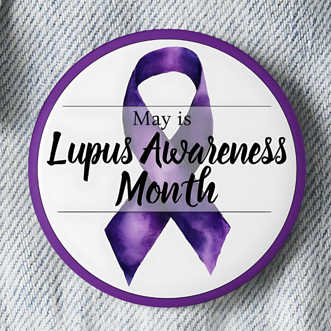 May Lupus Awareness Month Knapp (Purple awareness ribbon May Lupus Awareness Month pinback button.)