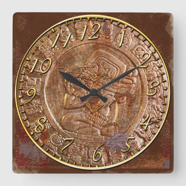 Mayan Carved Metall Aztec Mexican Art History Cloc Fyrkantig Klocka (Framsida)