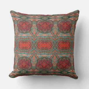 Mayan Damask Red Coral Teal Grönt Ornate Abstrakt Kudde