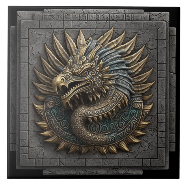 Mayan Temple Tile med Golden Quetzalcoatl Kakelplatta (Framsidan)