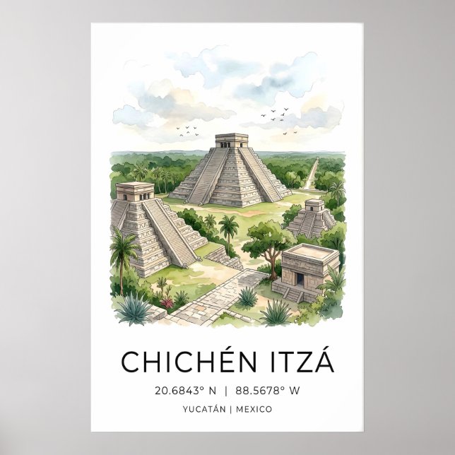 Mayan Travel Art Print, Chichen Itza Pyramid, Palm Poster (Framsidan)