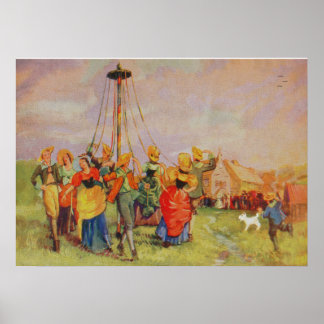 Mayday Dancing runt Maypole. Poster