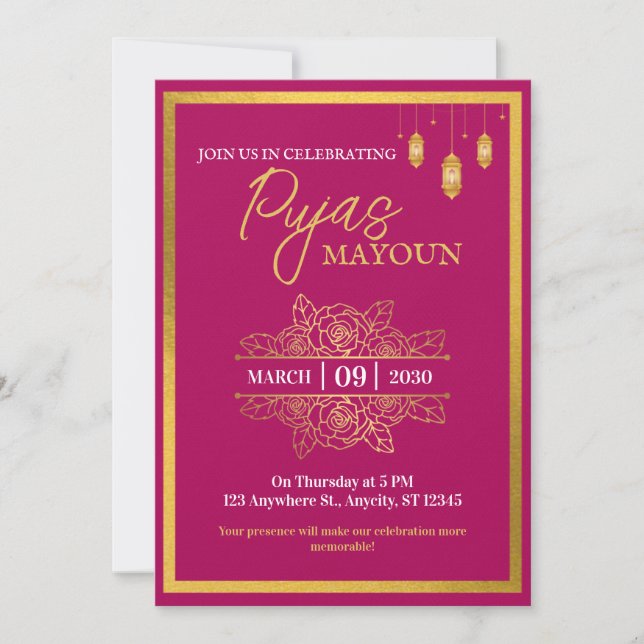 Mayoun Maroon och Guld Puja Inbjudan (Framsida)