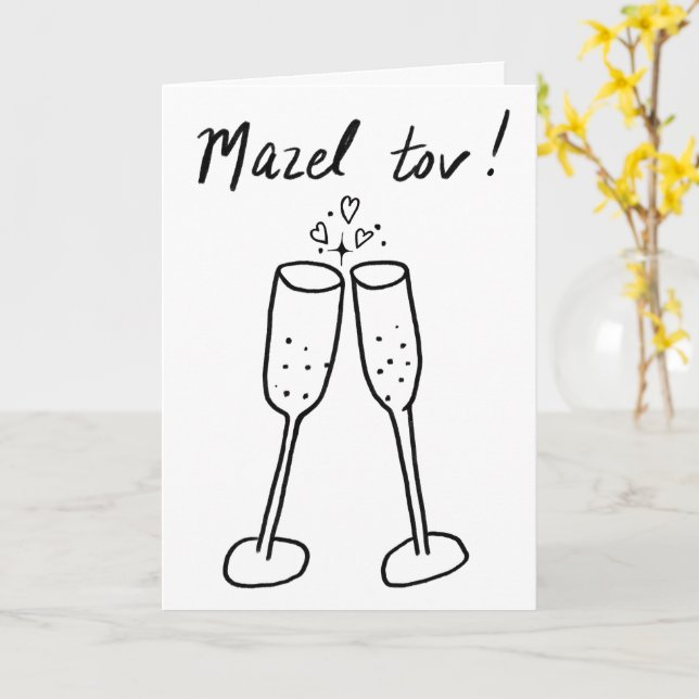Mazel Tov Bröllop Champagne Cheers Sketch Doodle Kort (Gul blomma)