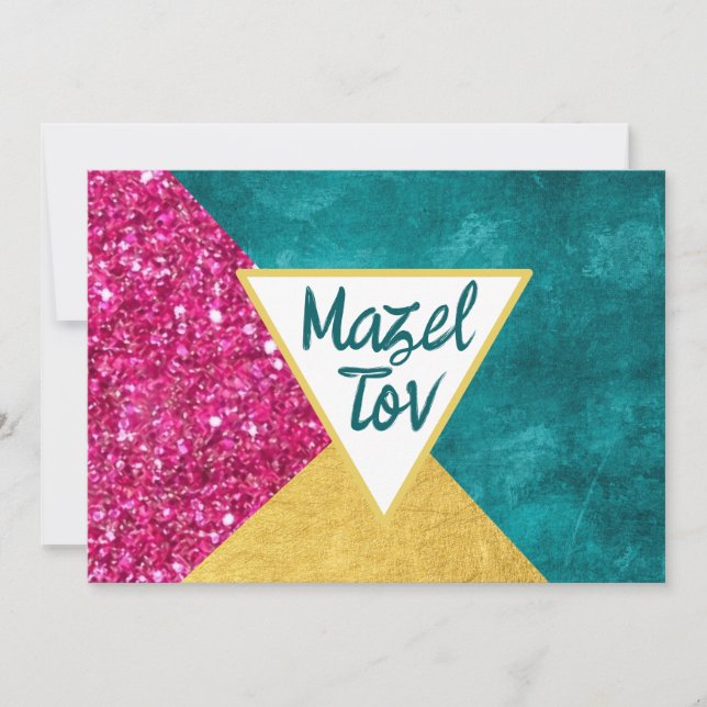 Mazel Tov Grattis-kort, Rosa glitter, Guld Inbjudningar (Framsida)