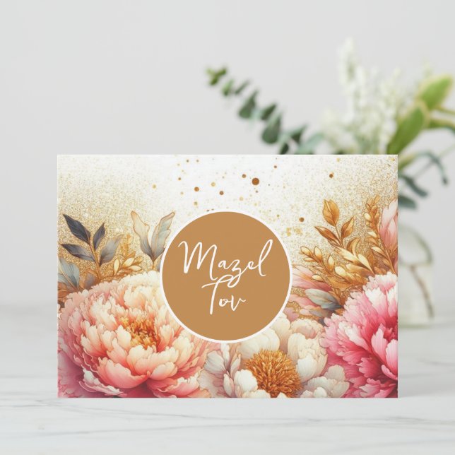 Mazel Tov Grattis-kort, Rosa Guld Peonies Inbjudningar (Stående Fram)