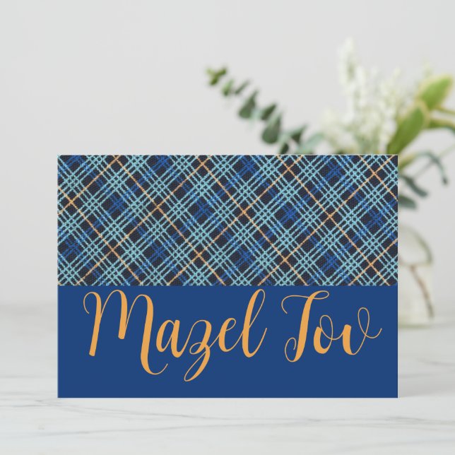 Mazel Tov-kort Elegant Modern, Blå Guld Rutig  Inbjudningar (Stående Fram)