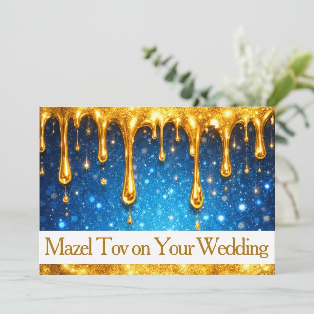 Mazel Tov-kort för bröllop, Blå droppande guld,  Inbjudningar (Stående Fram)