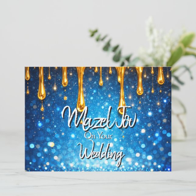 Mazel Tov-kort för bröllop, Blå droppande guld, Inbjudningar (Stående Fram)