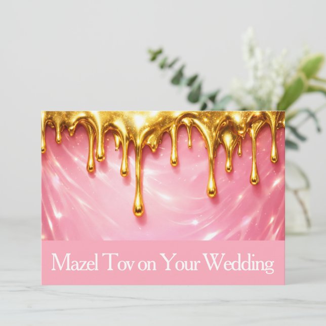 Mazel Tov-kort för bröllop, Rosa droppande guld,  Inbjudningar (Stående Fram)