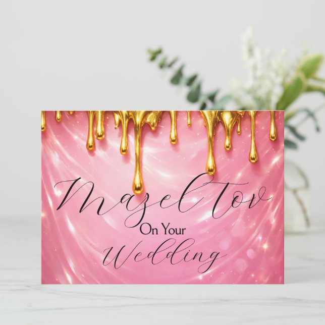 Mazel Tov-kort för bröllop, Rosa droppande guld,  Inbjudningar (Stående Fram)