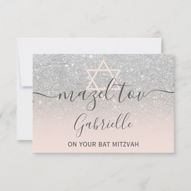 Mazel Tov silver glitter rosa Bat mitzvah Tack Kort (Framsida)