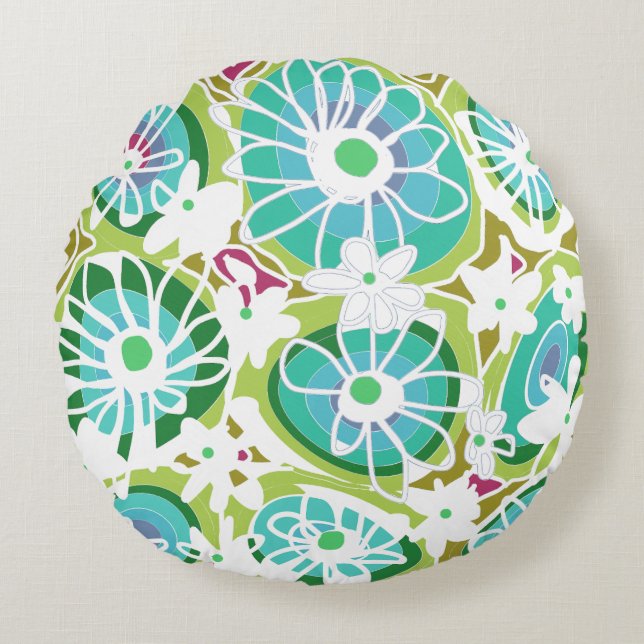 Mazipoodles Kärlek Flowers - Grönt Teal Lila White Rund Kudde (Framsidan)