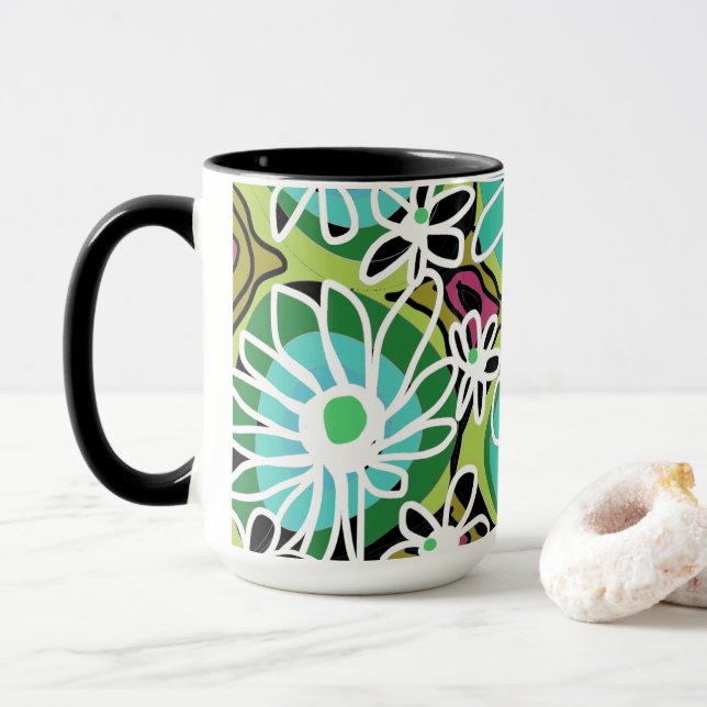 Mazipoodles Kärlek Flowers - Grönt Teal White Blac Mugg (Med munk)