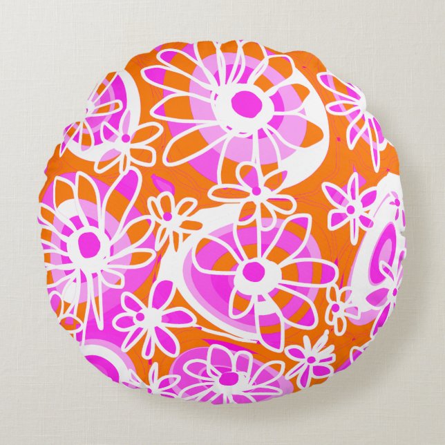 Mazipoodles Kärlek Flowers - Orange Rosa White Rund Kudde (Framsidan)