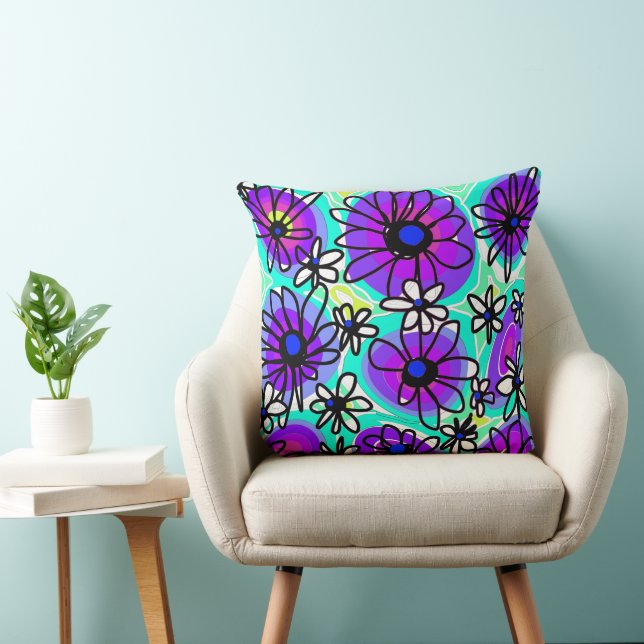 Mazipoodles Kärlek Flowers - Turquise Lila Black Kudde (Stol)