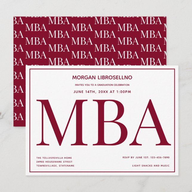 MBA grad Burgundy White Studentfest Inbjudningar (Fram/baksida)