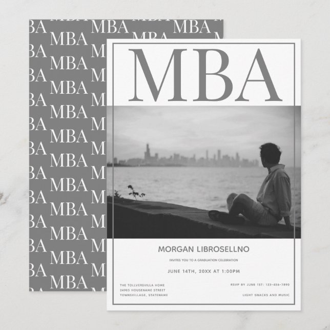 MBA grad Vit Grått Photo Studentfest Inbjudningar (Fram/baksida)