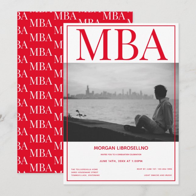 MBA grad White Red Photo Studentfest Inbjudningar (Fram/baksida)