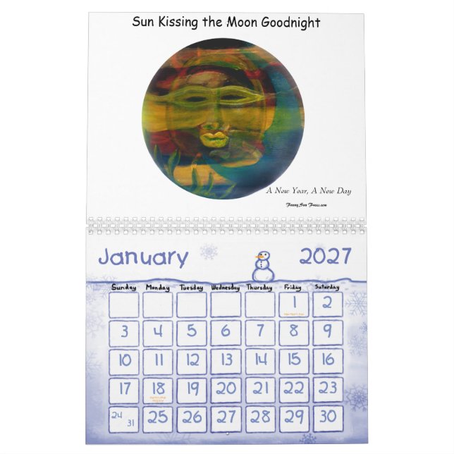 MClairArts den roliga solen vänder mot kalender (Jan 2027)