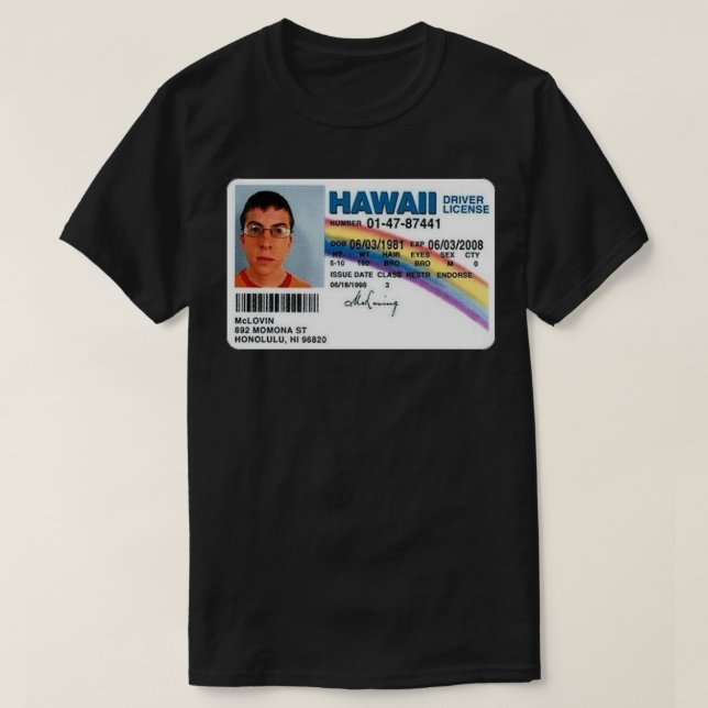 Mclovin Fake ID Sticker T Shirt (Design framsida)