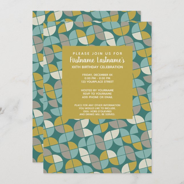 MCM Mönster - funky teal grönt guld Födelsedagsfes Inbjudningar (Fram/baksida)