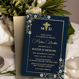 MD Doktor i Blommigten Medicine Navy Blue och Guld Inbjudningar