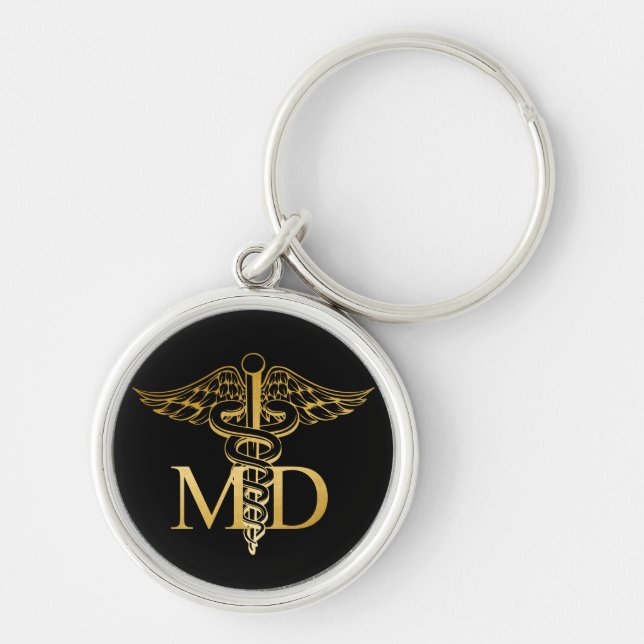 MD faux guld caduceus Black och Guld Keychain Rund Silverfärgad Nyckelring (Framsidan)