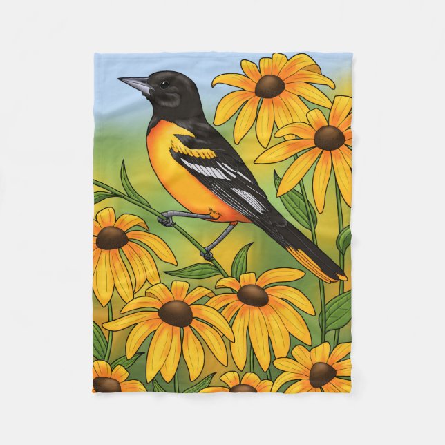 MD State Bird Oriole & Black-eyed Susan Flower Fleecefilt (Framsidan)