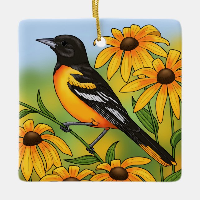 MD State Bird Oriole & Black-eyed Susan Flower Julgransprydnad Keramik (Framsida)