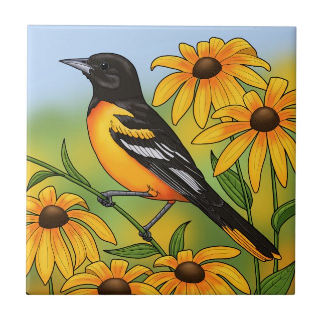 MD State Bird Oriole & Black-eyed Susan Flower Kakelplatta (Framsidan)