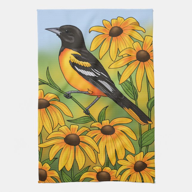 MD State Bird Oriole & Black-eyed Susan Flower Kökshandduk (Vertikal)