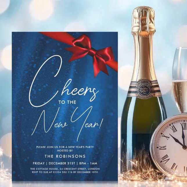 MDERN-Nyårsaftonens blåa Gnistra Sequin-fält Inbjudningar (MODERN New Years Eve Navy Blue Sparkle Sequin Bow Invitation)