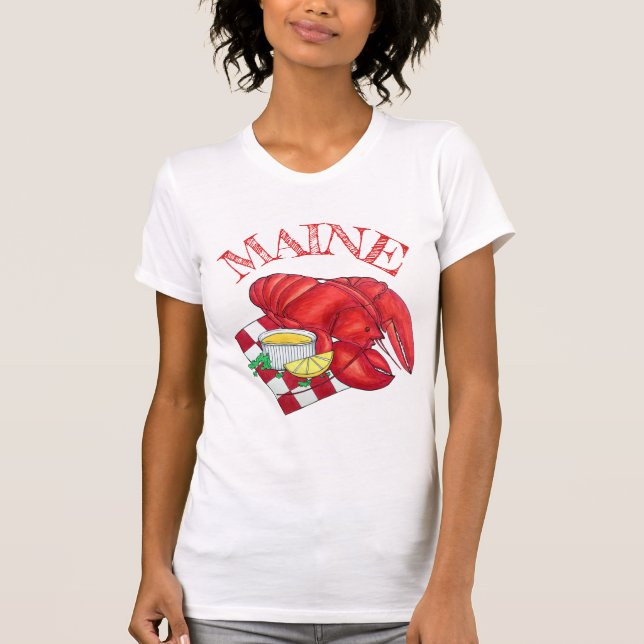 ME Maine Lobster Shack Seafood Dinner Red Gingham T Shirt (Framsida)