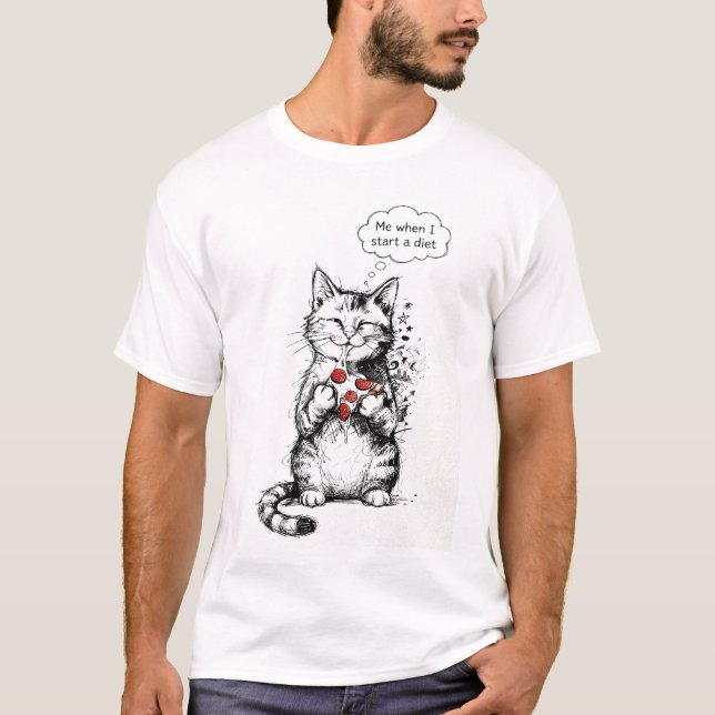 "Me When I Start a Diet" Cat and Pizza T-Shirt (Framsida)