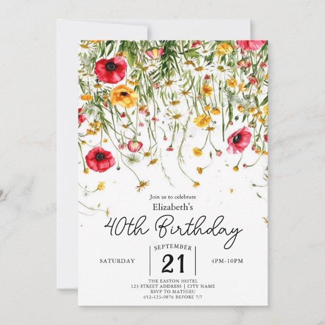 Meadow Anpassningsbar Wildblommor 40-årsdag Inbjudningar (Framsida)
