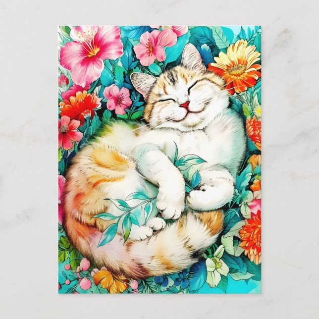 Meadow Blommar Cat Bliss Watercolor Helg Vykort (Framsida)