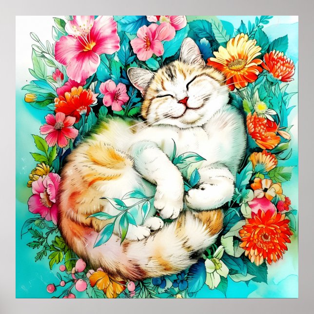 Meadow Blommar Cat Bliss Watercolor Poster (Framsidan)