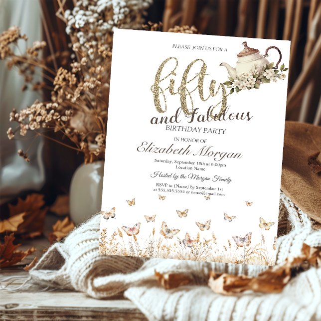 Meadow Butterflies Tea Kopp 50:e födelsedagen Inbjudningar (Skapare uppladdad)