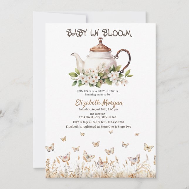 Meadow Butterflies Tekanna Baby Shower Inbjudningar (Framsida)