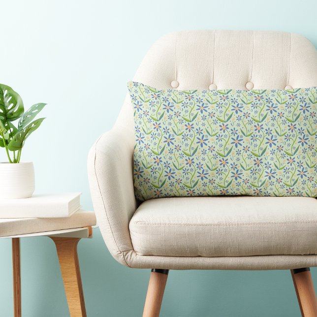 Meadow | Dancing Watercolor Daisies Lumbarkudde (Light and joyful dancing daisies floral pattern on a fresh mint green background. )