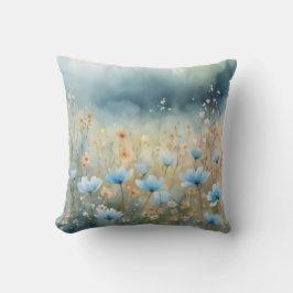 Meadow Dreams Soft Blue Wildblommor Watercolor Kudde