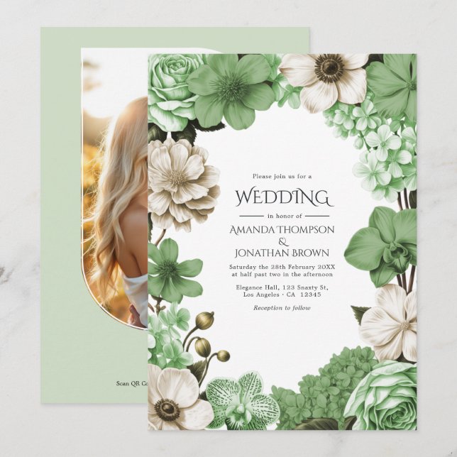 Meadow Fern, Pistachio Silk & Willow Ivory Wedding Inbjudningar (Fram/baksida)