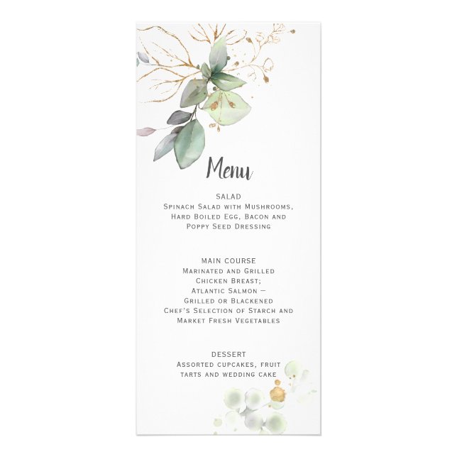 Meadow Grönt och Guld Botanical Bröllop Menu Reklamkort (Framsidan)
