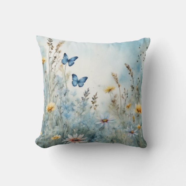 Meadow Muse | Butterfly och Wildblomma Watercolor Kudde (Framsida)