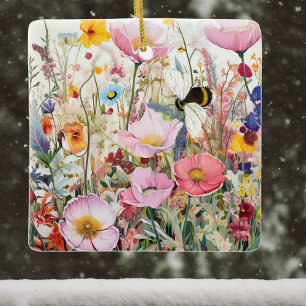 Meadow of Cosmos and Wildblommor with Bee Boho Julgransprydnad Keramik