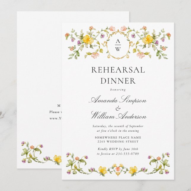 Meadow Watercolor Wildblommor Rehearsal Middag Inbjudningar (Fram/baksida)