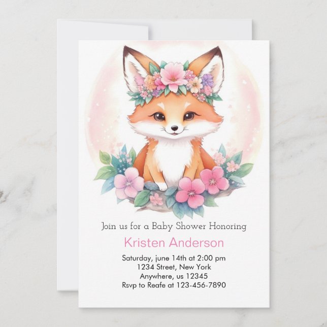 Meadow Whimsical Fox Rosa Boho Girl Baby Shower Inbjudningar (Framsida)